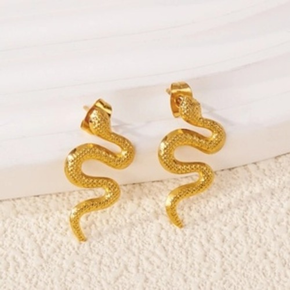 18K Gold Plated Stainless Steel Snake Stud Earrings Textured Serpent Jewelry